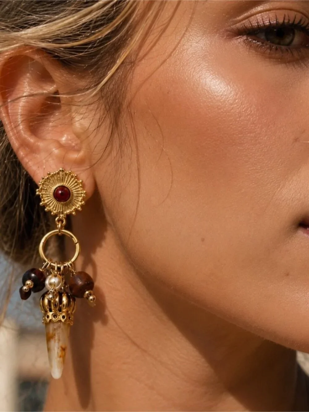 Vintage Gold Drop Earrings with Brown and Cream Accents